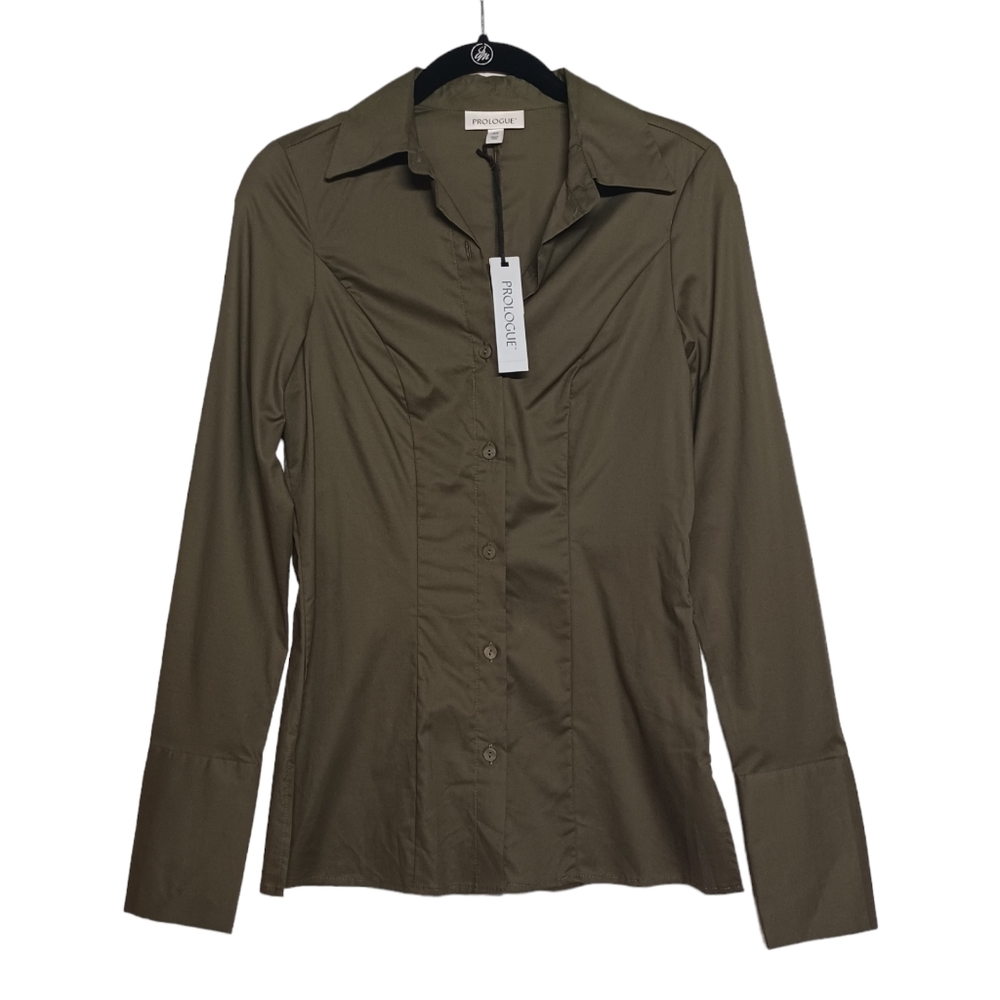 PROLOGUE Paris Olive Green Button Front Tailored Long Sleeve Top X-Small NWT
